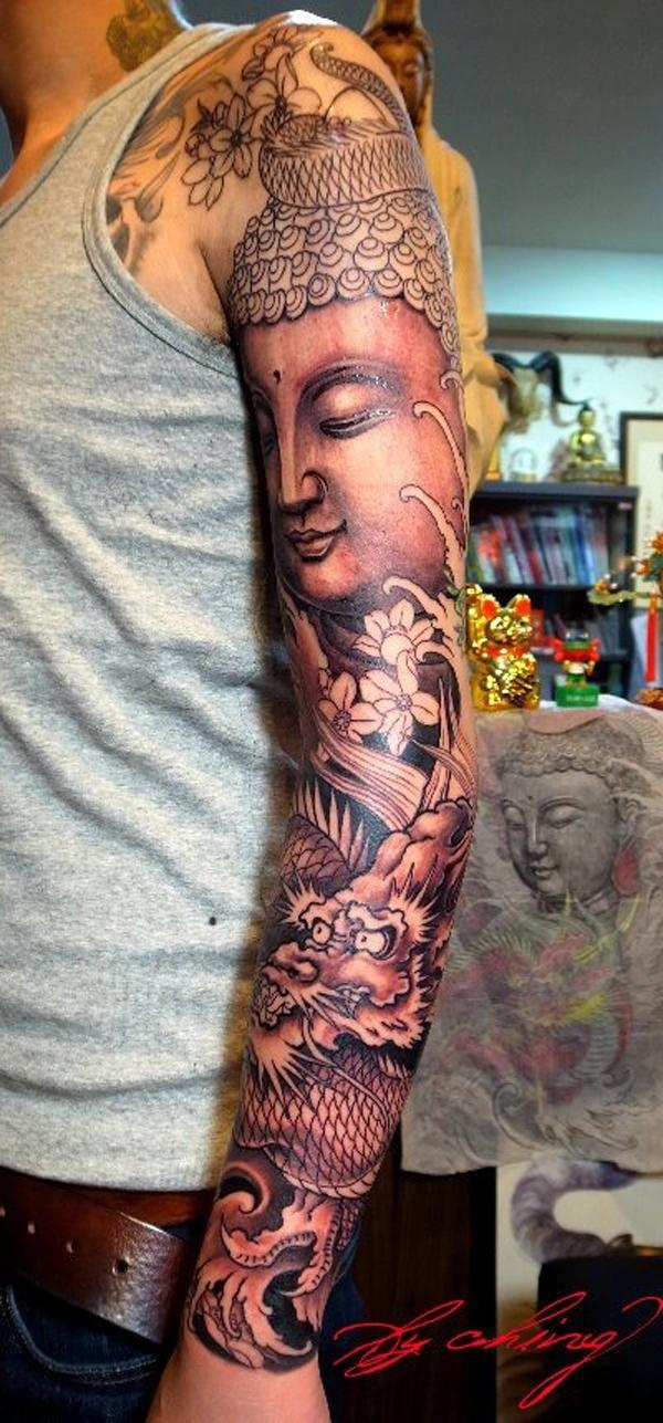 Buddha og drage ermet tatovering